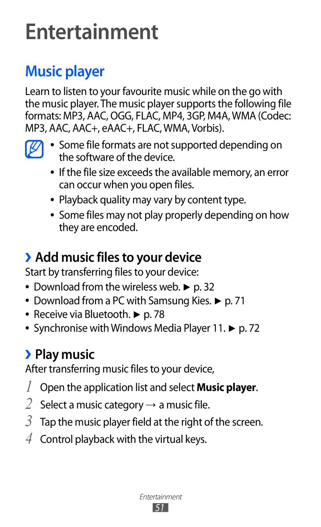 Samsung GT-P7310FKAFOP, GT-P7310FKEXEF manual Entertainment, Music player, ››Add music files to your device, ››Play music 