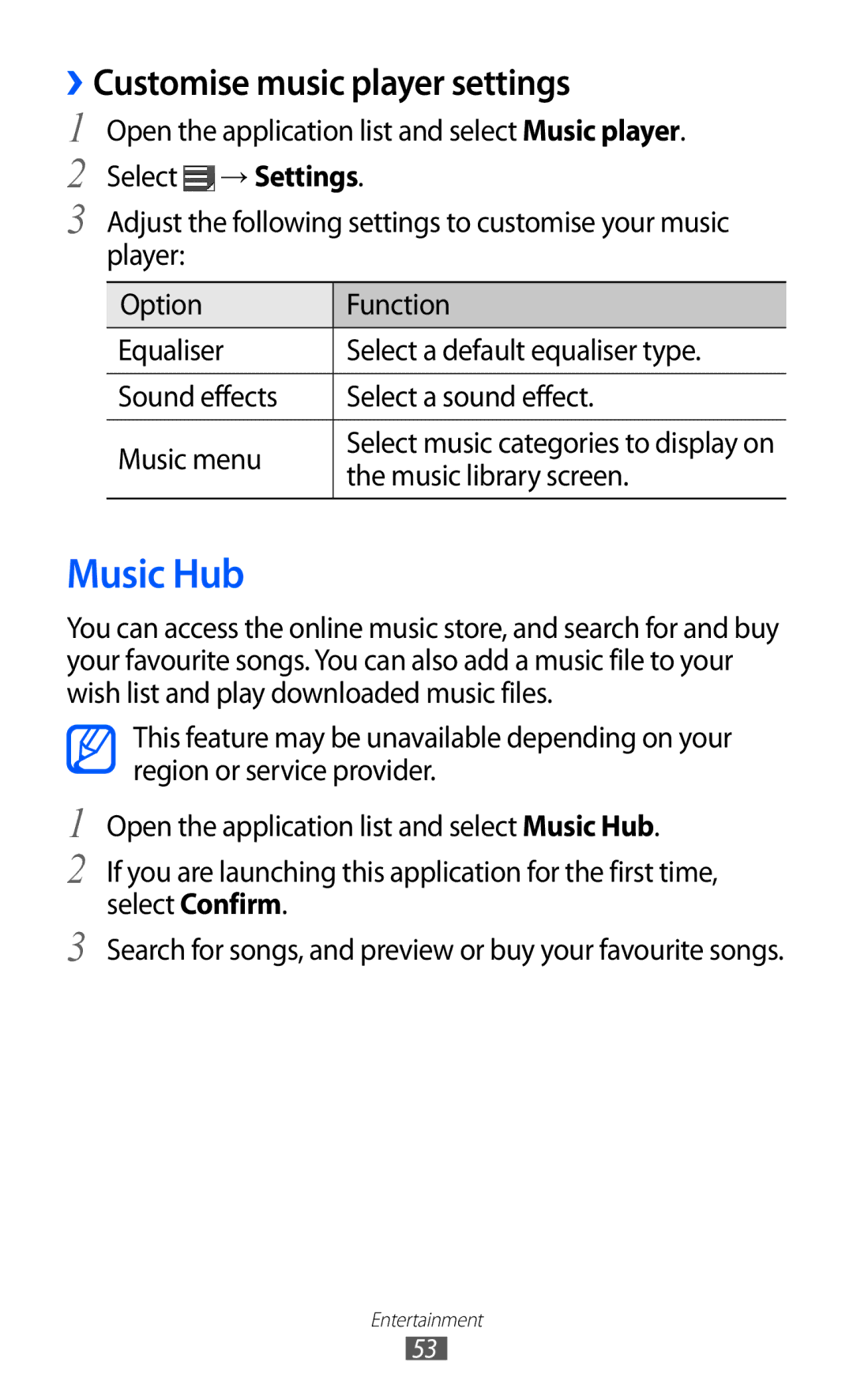 Samsung GT-P7310UWAROM, GT-P7310FKEXEF, GT-P7310UWEXEF, GT-P7310UWAXEF manual Music Hub, ››Customise music player settings 