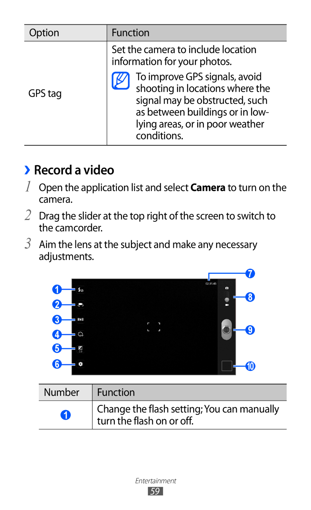 Samsung GT-P7310FKAAUT, GT-P7310FKEXEF, GT-P7310UWEXEF, GT-P7310UWAXEF, GT-P7310FKAXEF, GT-P7310FKAITV manual ››Record a video 