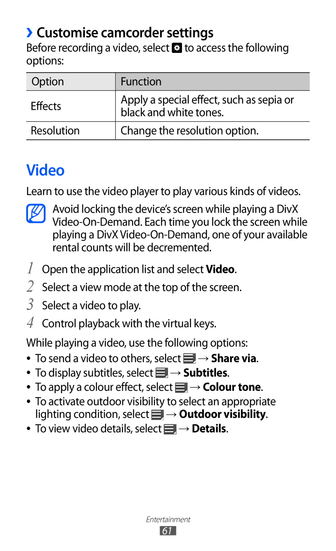 Samsung GT-P7310UWAXSK, GT-P7310FKEXEF, GT-P7310UWEXEF, GT-P7310UWAXEF manual Video, ››Customise camcorder settings, → Details 