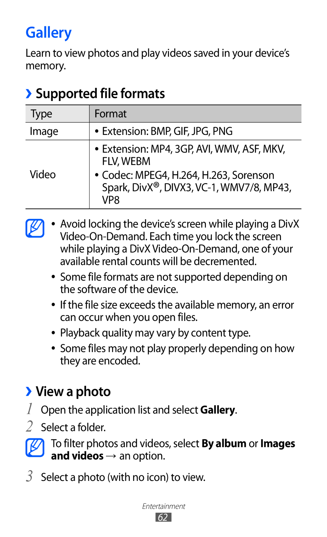 Samsung GT-P7310UWESER, GT-P7310FKEXEF, GT-P7310UWEXEF, GT-P7310UWAXEF manual Gallery, Supported file formats, ››View a photo 