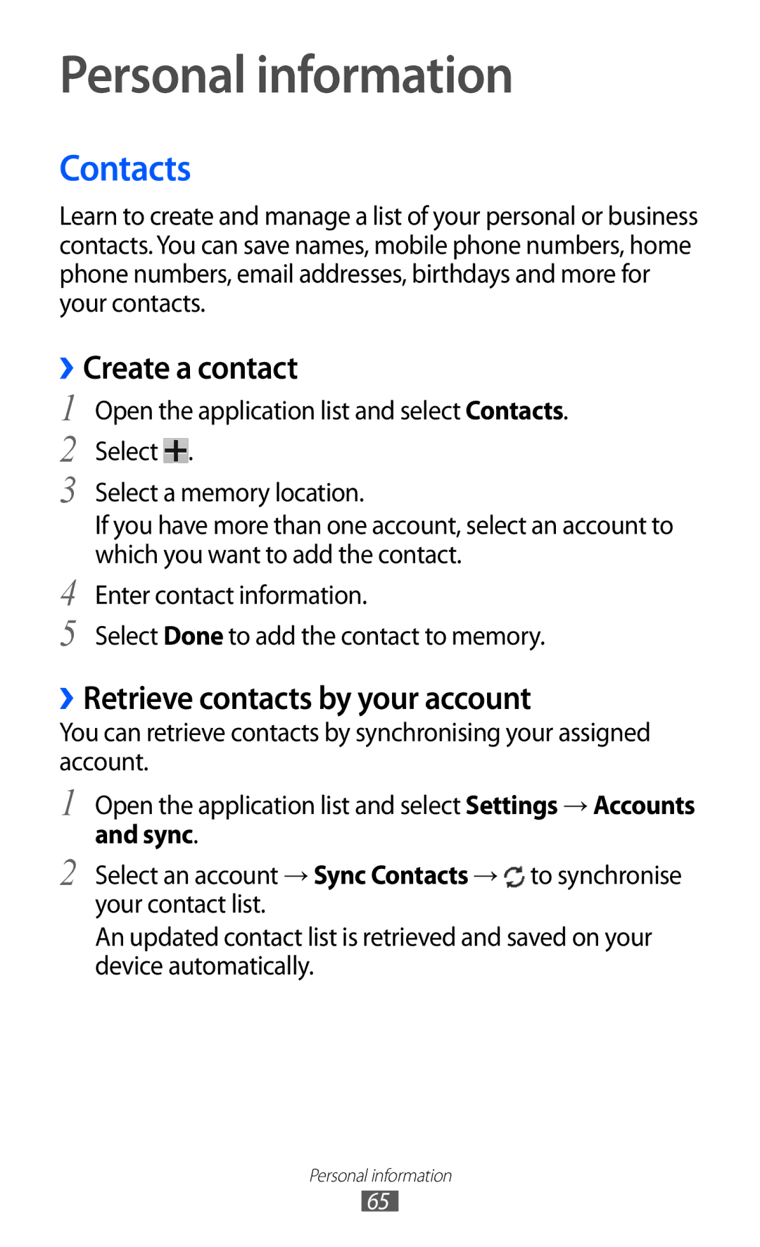 Samsung GT-P7310FKASER manual Personal information, Contacts, ››Create a contact, ››Retrieve contacts by your account, Sync 