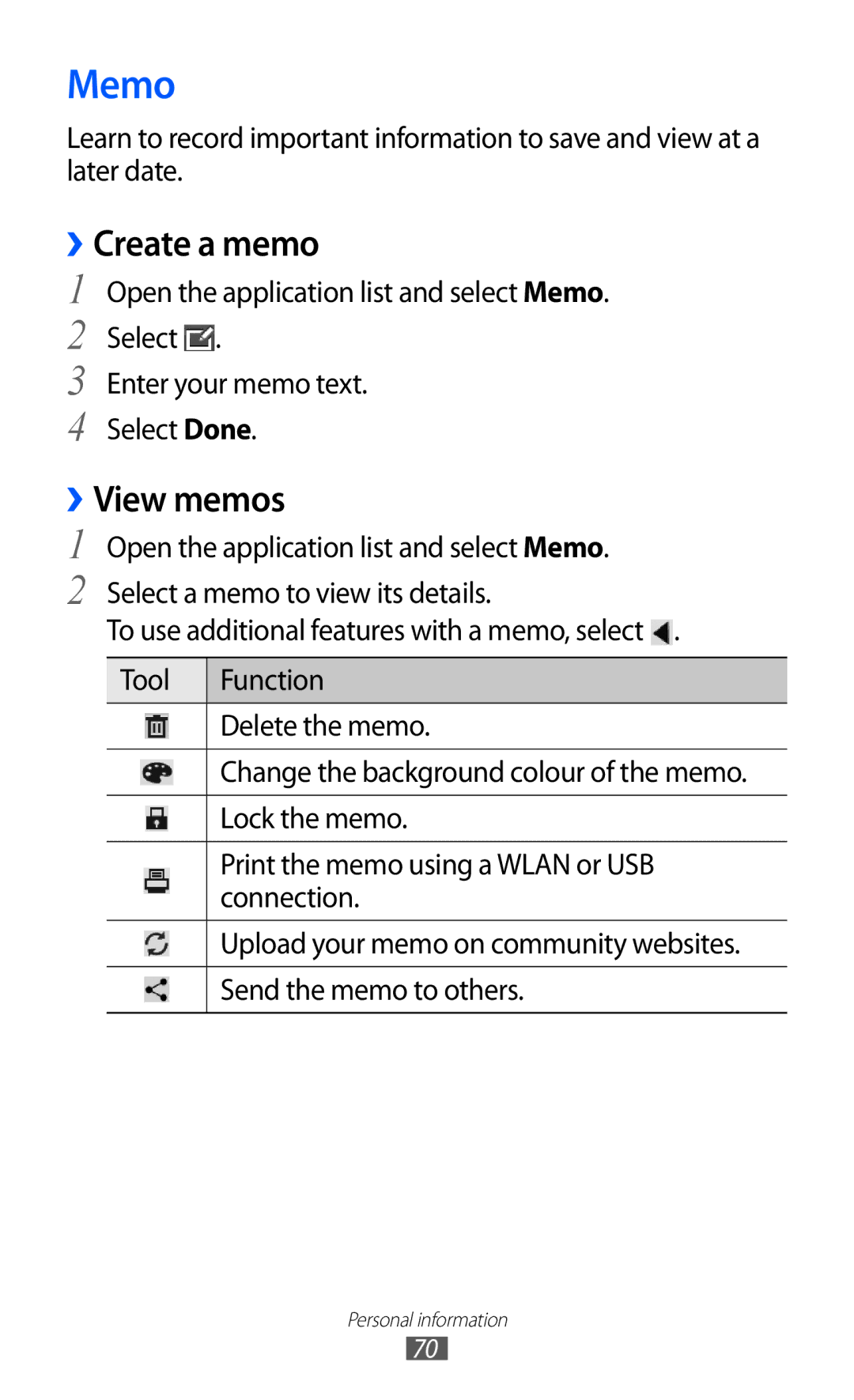 Samsung GT-P7310FKAITV, GT-P7310FKEXEF, GT-P7310UWEXEF, GT-P7310UWAXEF, GT-P7310FKAXEF Memo, ››Create a memo, ››View memos 