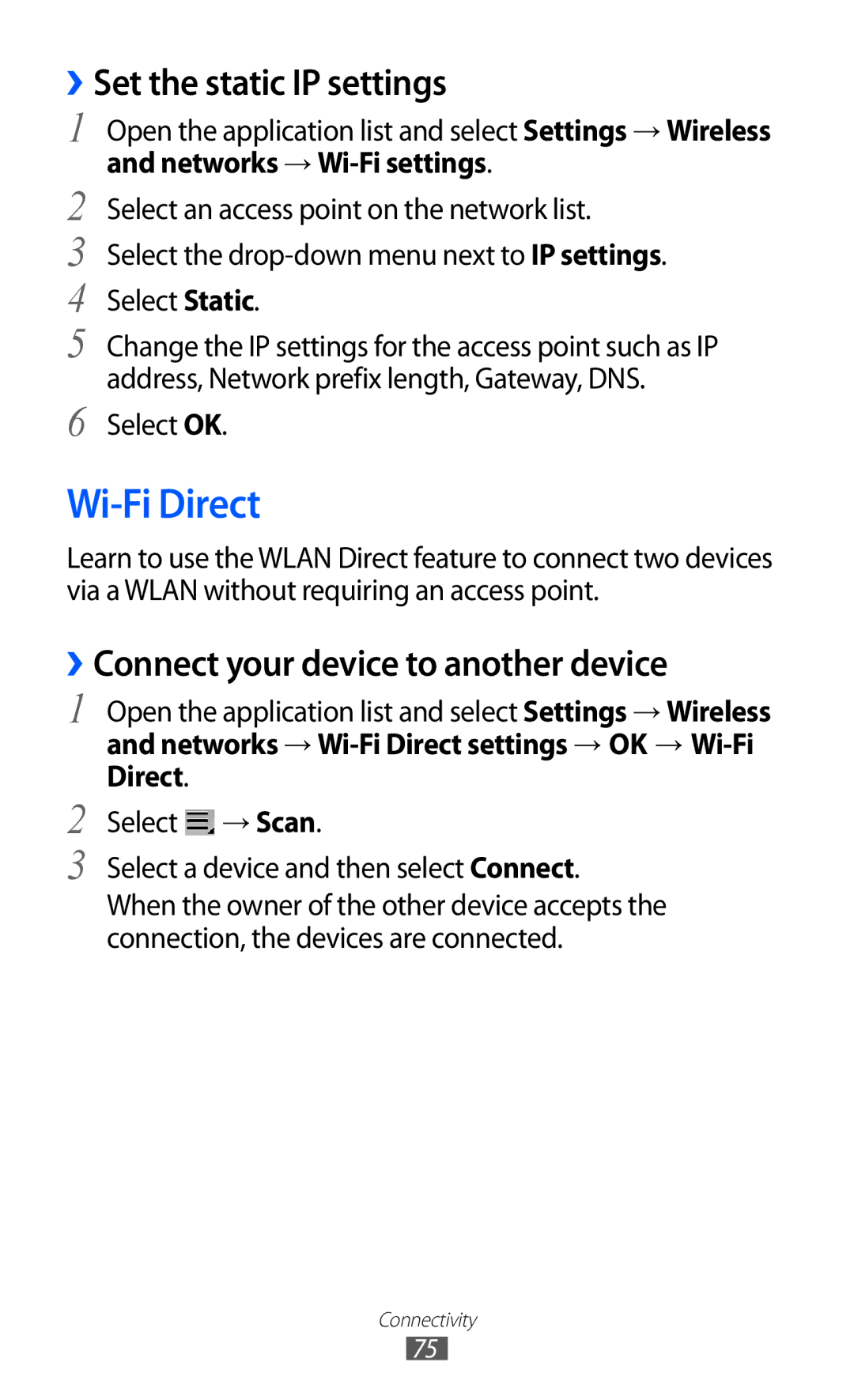 Samsung GT-P7310UWAROM, GT-P7310FKEXEF Wi-Fi Direct, ››Set the static IP settings, ››Connect your device to another device 