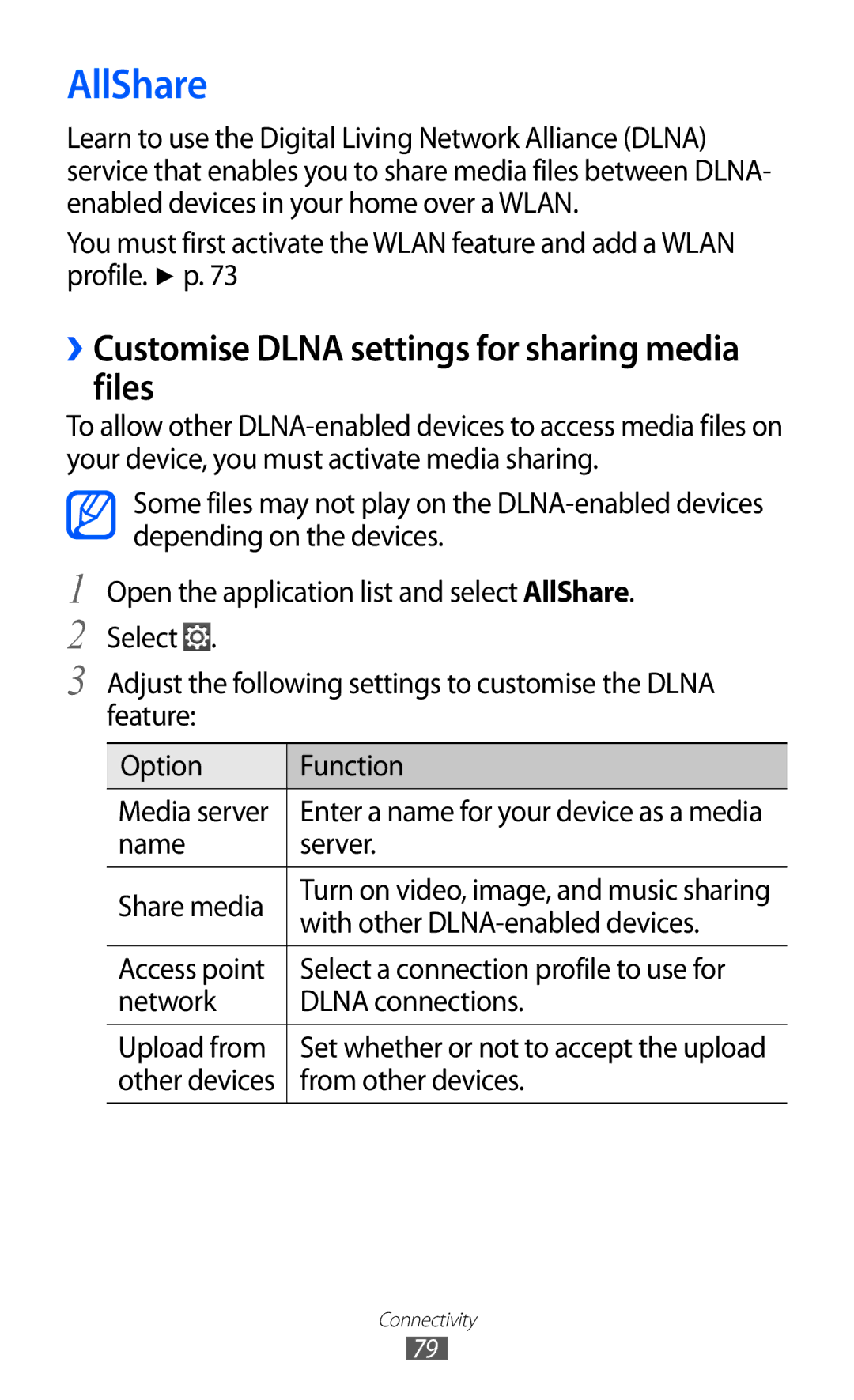 Samsung GT-P7310FKAXEZ, GT-P7310FKEXEF, GT-P7310UWEXEF manual AllShare, ››Customise Dlna settings for sharing media files 