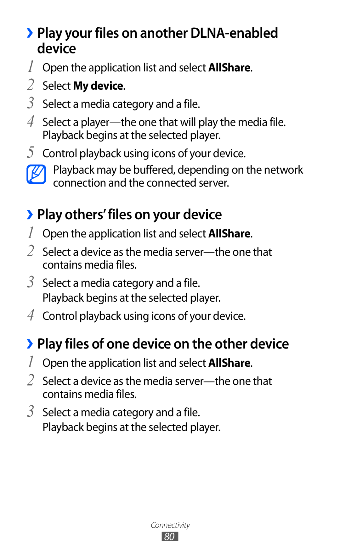 Samsung GT-P7310UWAO2C manual ››Play your files on another DLNA-enabled device, ››Play others’files on your device 