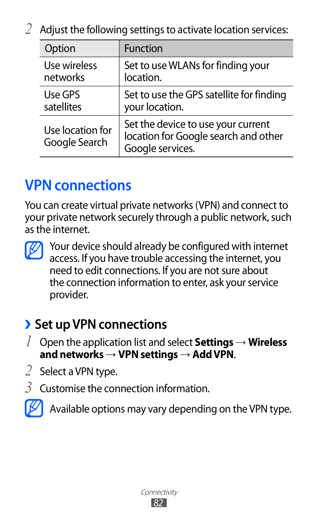 Samsung GT-P7310UWAXEZ, GT-P7310FKEXEF, GT-P7310UWEXEF, GT-P7310UWAXEF, GT-P7310FKAXEF manual ››Set up VPN connections 