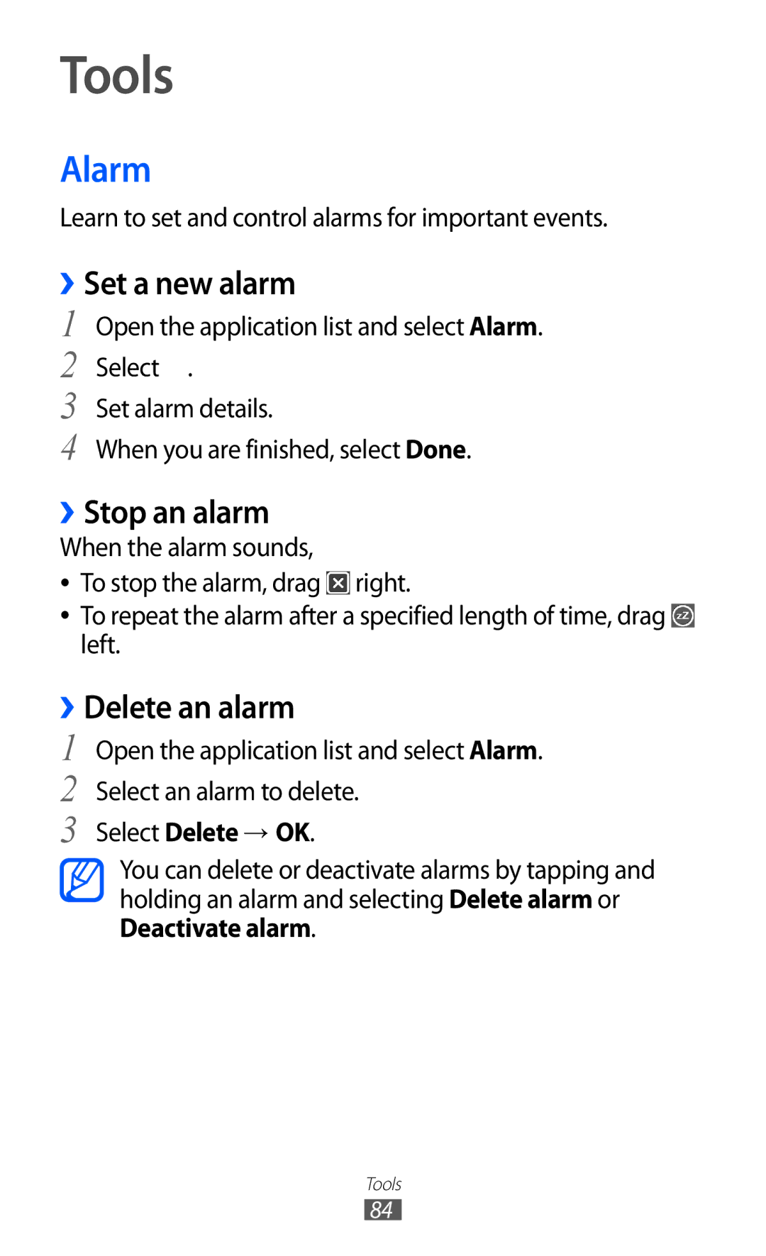 Samsung GT-P7310UWESER, GT-P7310FKEXEF, GT-P7310UWEXEF Tools, Alarm, ››Set a new alarm, ››Stop an alarm, ››Delete an alarm 