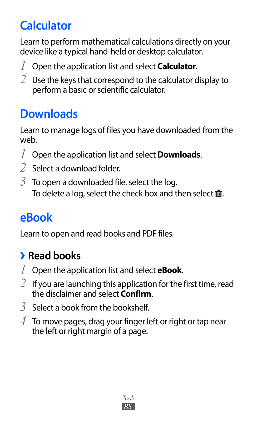 Samsung GT-P7310UWASER, GT-P7310FKEXEF, GT-P7310UWEXEF, GT-P7310UWAXEF manual Calculator, Downloads, EBook, ››Read books 