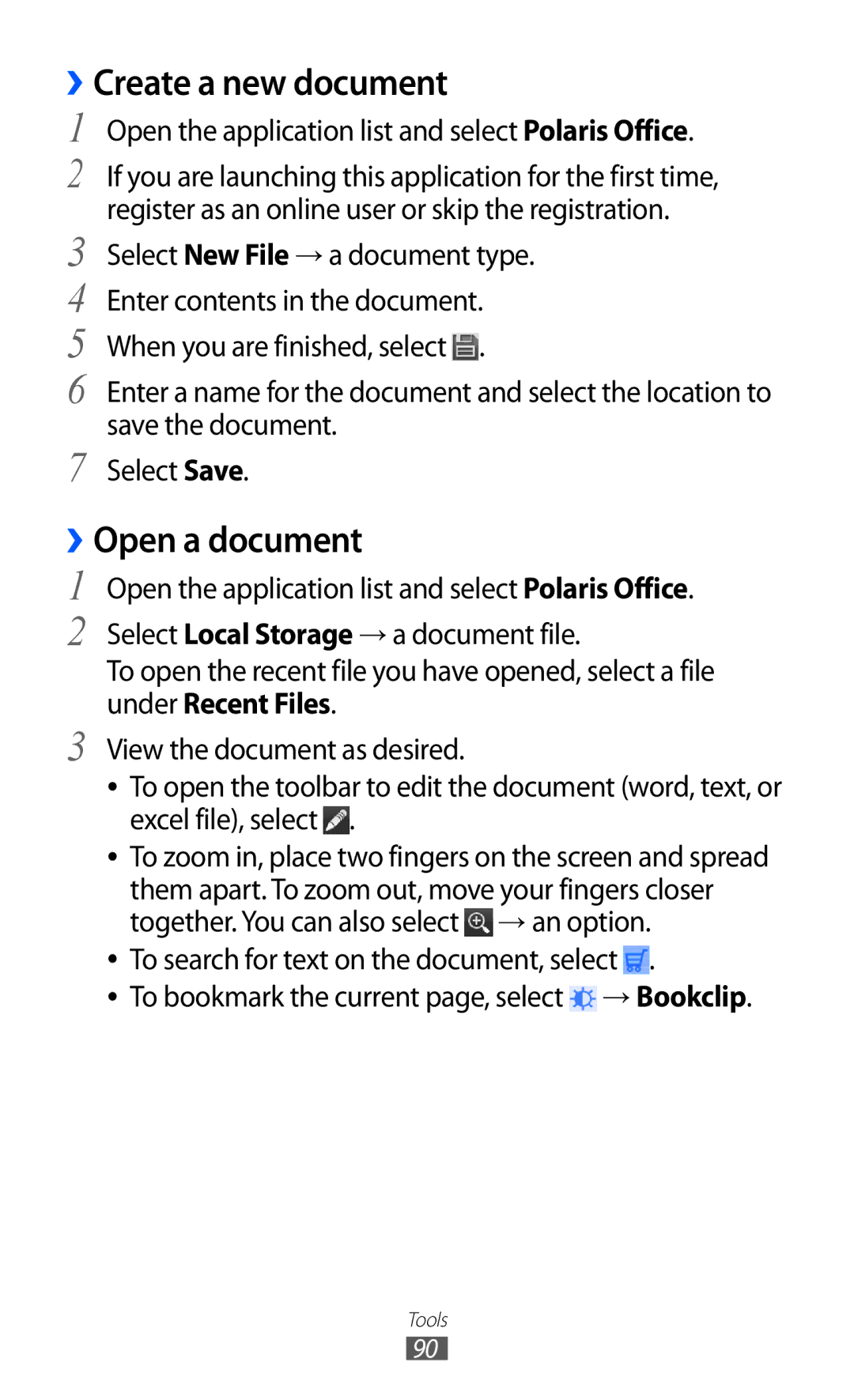 Samsung GT-P7310UWAXEF, GT-P7310FKEXEF, GT-P7310UWEXEF, GT-P7310FKAXEF manual ››Create a new document, ››Open a document 