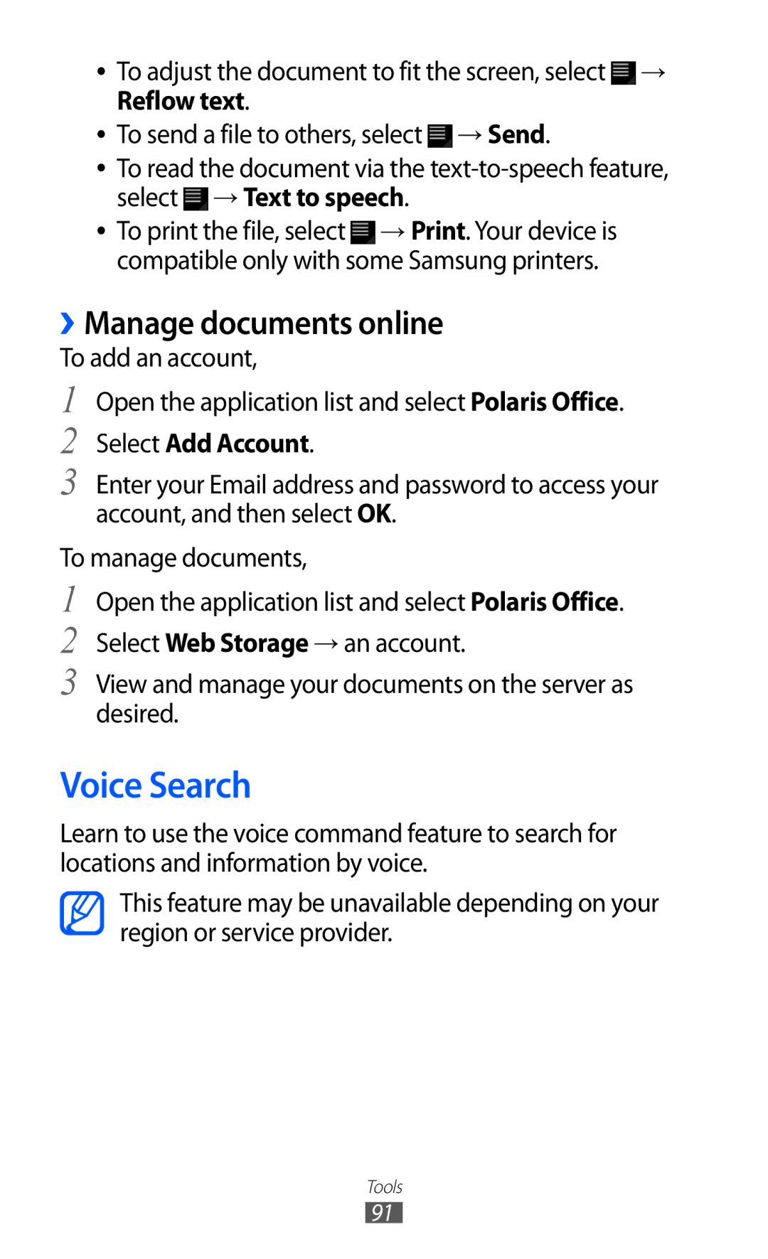 Samsung GT-P7310FKAXEF, GT-P7310FKEXEF, GT-P7310UWEXEF manual Voice Search, ››Manage documents online, Select Add Account 