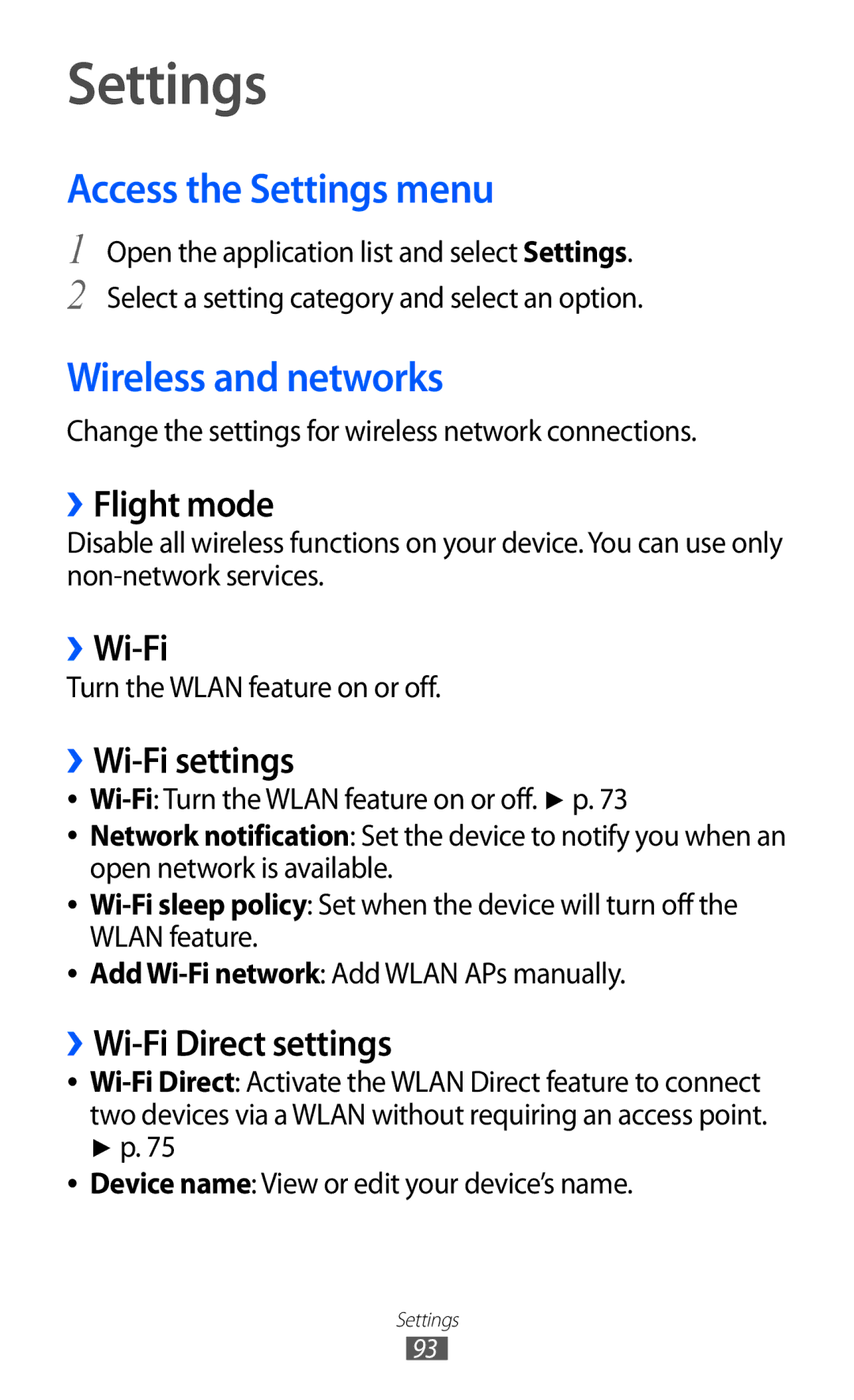 Samsung GT-P7310UWAITV, GT-P7310FKEXEF, GT-P7310UWEXEF, GT-P7310UWAXEF Access the Settings menu, Wireless and networks 