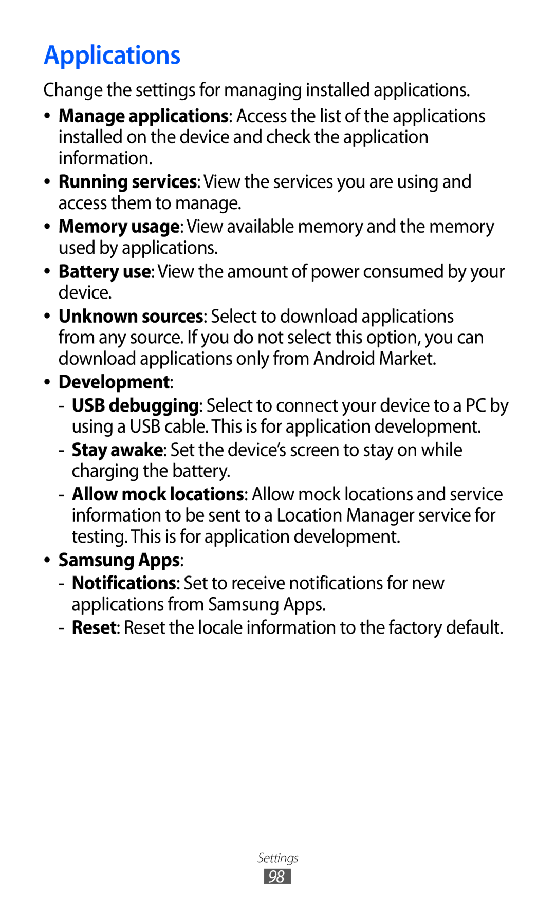 Samsung GT-P7310FKABGL, GT-P7310FKEXEF, GT-P7310UWEXEF, GT-P7310UWAXEF manual Applications, Development, Samsung Apps 