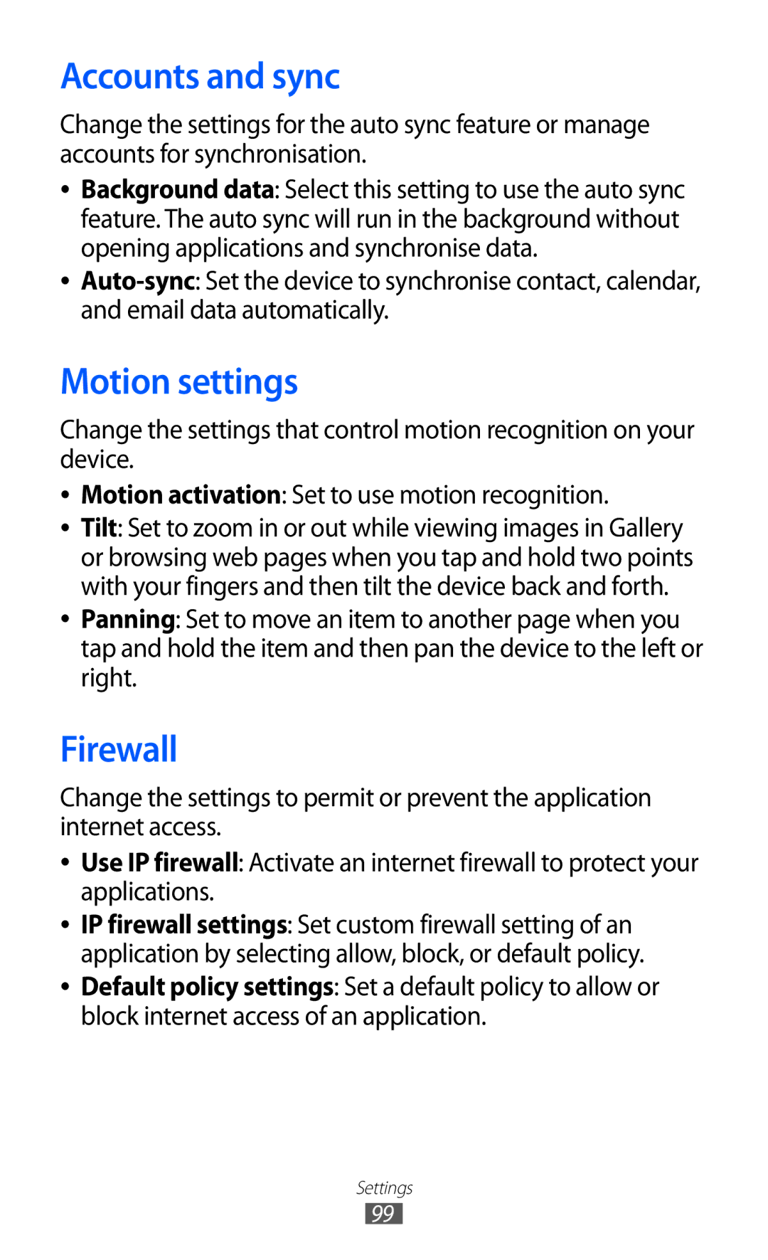 Samsung GT-P7310FKAO2C, GT-P7310FKEXEF, GT-P7310UWEXEF, GT-P7310UWAXEF manual Accounts and sync, Motion settings, Firewall 