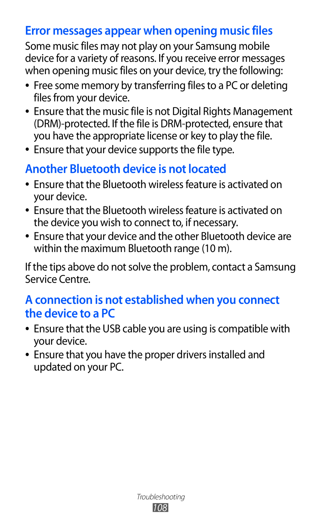 Samsung GT-P7310FKESER manual Another Bluetooth device is not located, Error messages appear when opening music files 