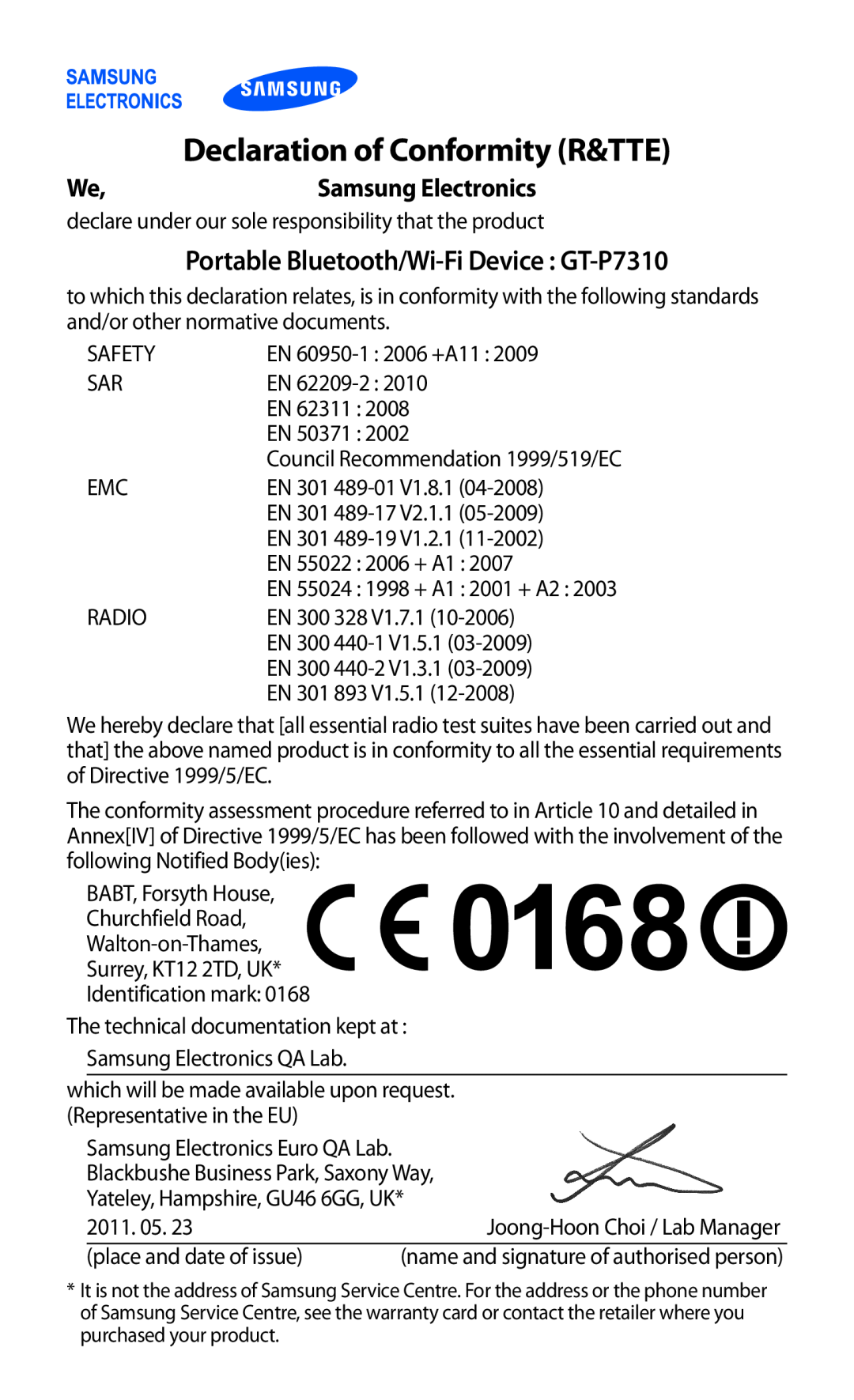 Samsung GT-P7310FKAROM, GT-P7310FKEXEF manual Declaration of Conformity R&TTE, Portable Bluetooth/Wi-Fi Device GT-P7310 