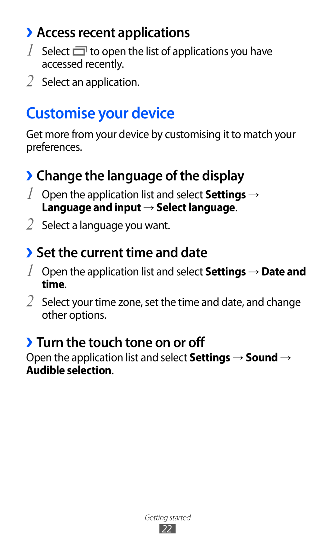 Samsung GT-P7310FKEXEF Customise your device, ››Access recent applications, ››Change the language of the display, time 