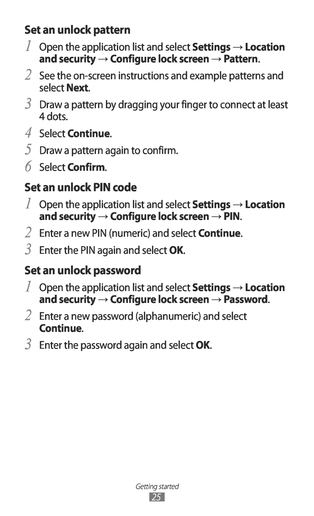 Samsung GT-P7310FKAXEF, GT-P7310FKEXEF manual Set an unlock pattern, Set an unlock PIN code, Set an unlock password 
