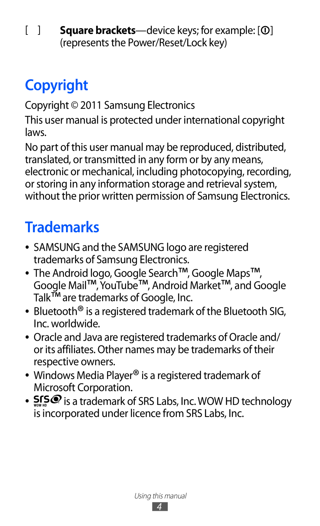 Samsung GT-P7310FKAITV, GT-P7310FKEXEF, GT-P7310UWEXEF, GT-P7310UWAXEF, GT-P7310FKAXEF, GT-P7310UWAITV Copyright, Trademarks 