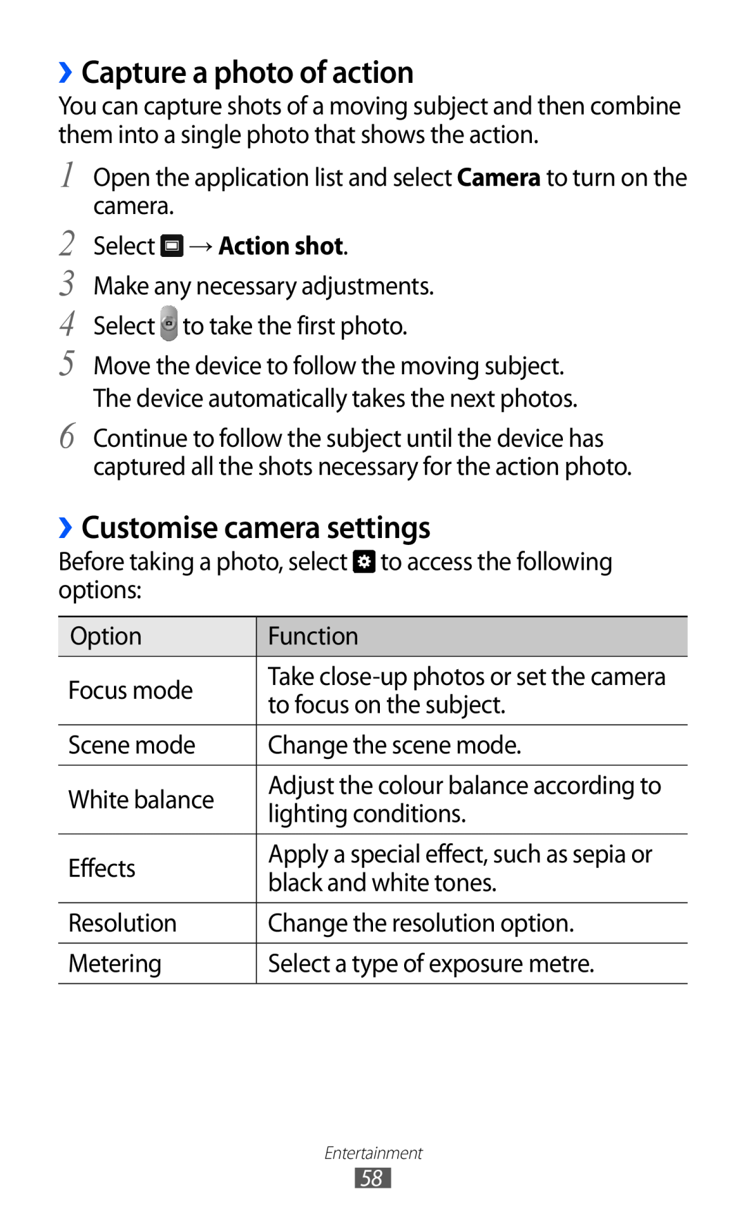 Samsung GT-P7310UWAO2C, GT-P7310FKEXEF manual ››Capture a photo of action, ››Customise camera settings, Select → Action shot 