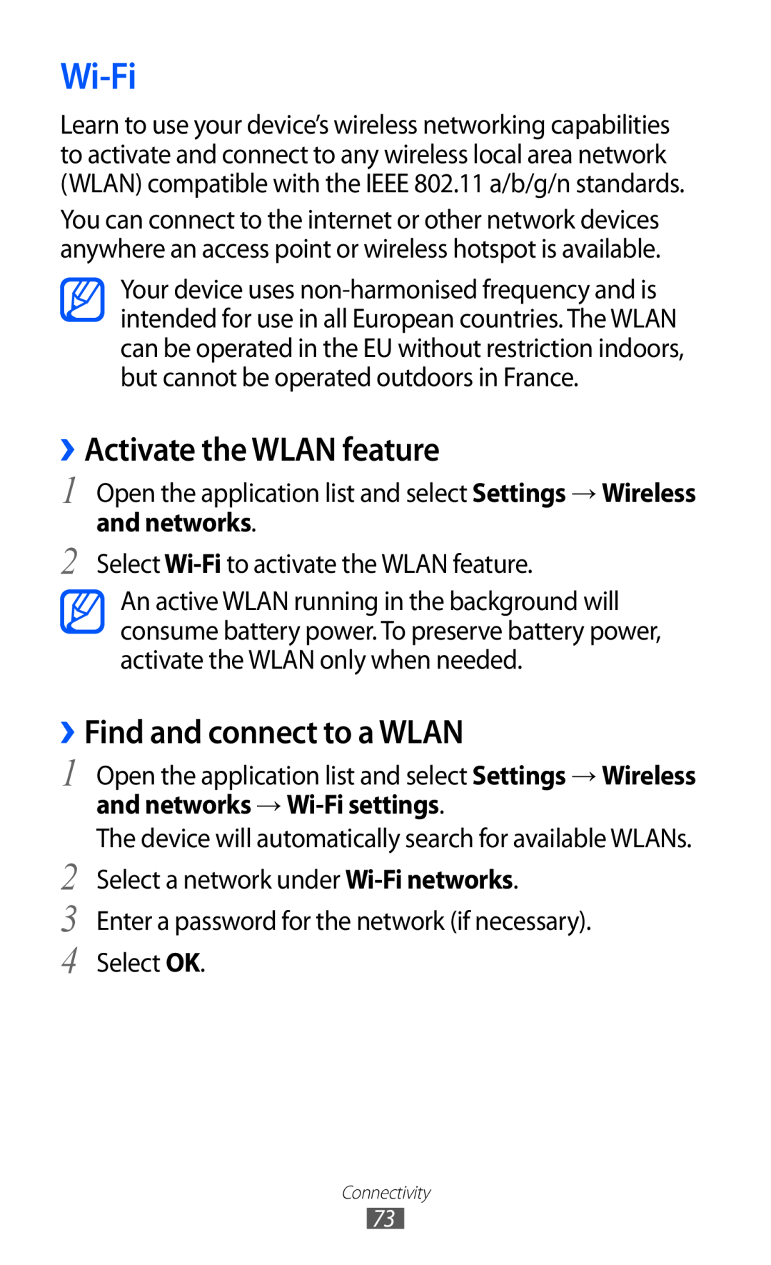 Samsung GT-P7310FKAFOP manual ››Activate the WLAN feature, ››Find and connect to a WLAN, and networks → Wi-Fi settings 
