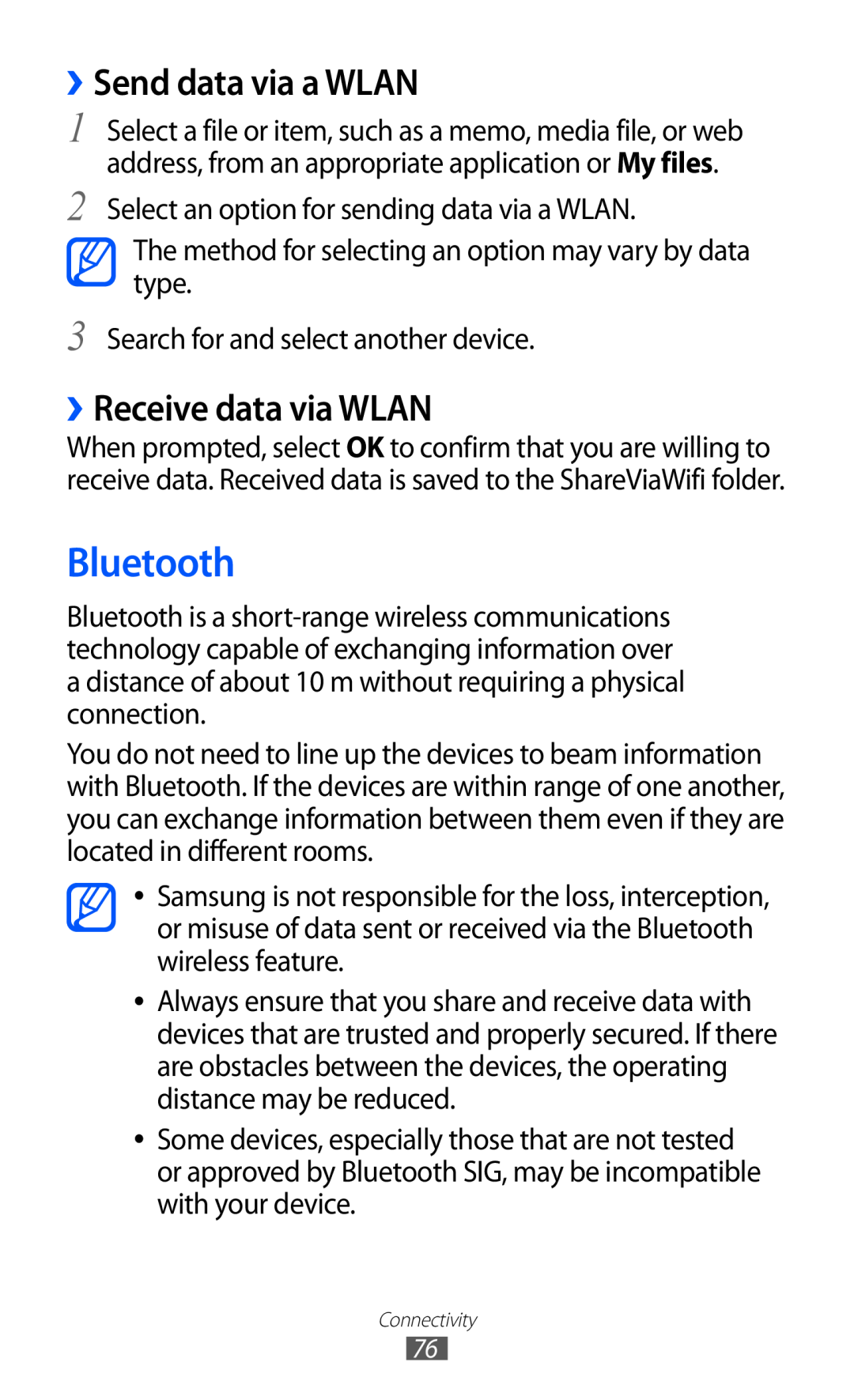 Samsung GT-P7310FKABGL, GT-P7310FKEXEF, GT-P7310UWEXEF manual Bluetooth, ››Send data via a WLAN, ››Receive data via WLAN 