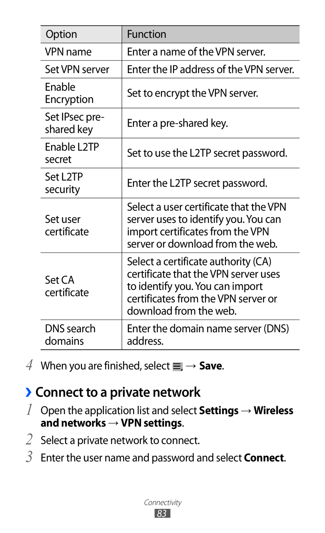 Samsung GT-P7310UWAXSK, GT-P7310FKEXEF, GT-P7310UWEXEF manual ››Connect to a private network, and networks → VPN settings 