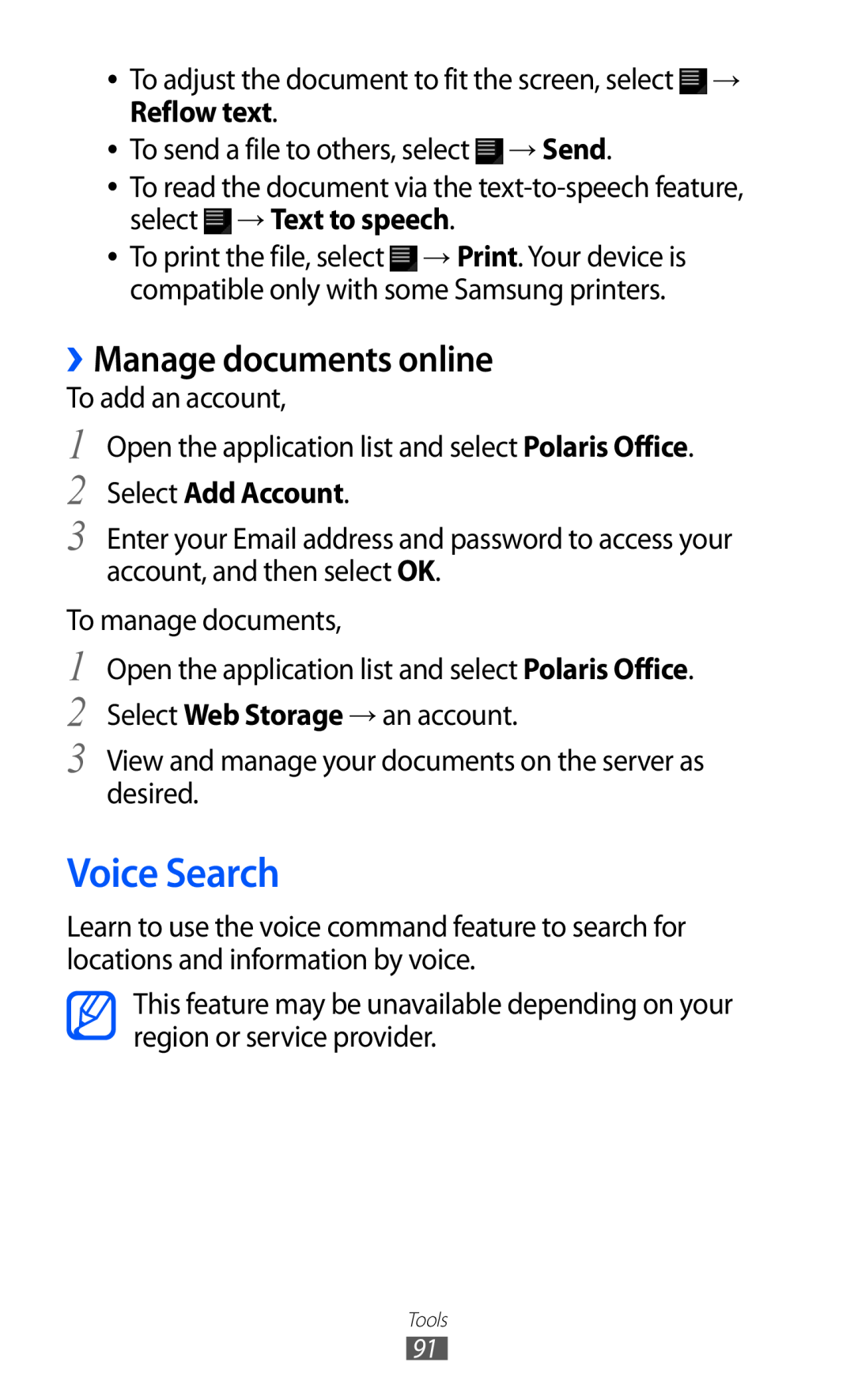 Samsung GT-P7310FKAXEF, GT-P7310FKEXEF, GT-P7310UWEXEF manual Voice Search, ››Manage documents online, Select Add Account 