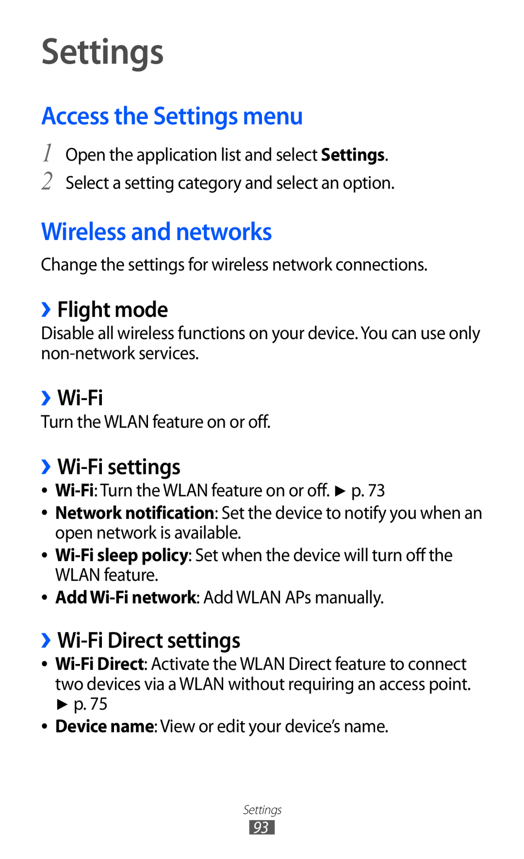 Samsung GT-P7310UWAITV manual Access the Settings menu, Wireless and networks, ››Flight mode, ››Wi-Fi settings 