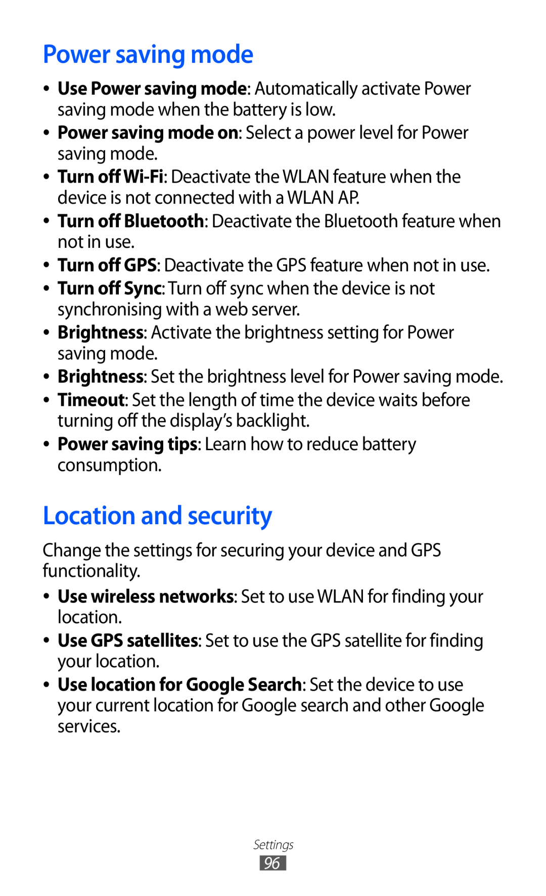 Samsung GT-P7310UWABGL Power saving mode, Location and security, Turn off GPS Deactivate the GPS feature when not in use 