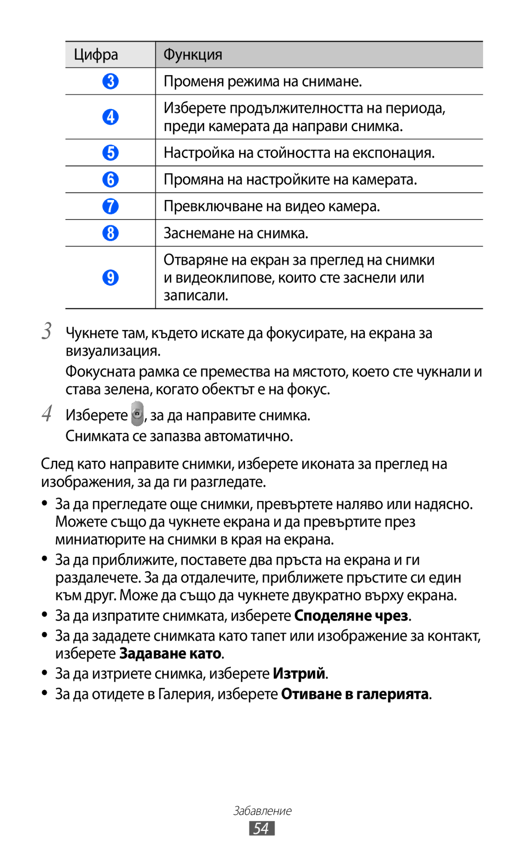 Samsung GT-P7310UWABGL, GT-P7310UWAROM, GT-P7310FKABGL manual Цифра Функция Променя режима на снимане 