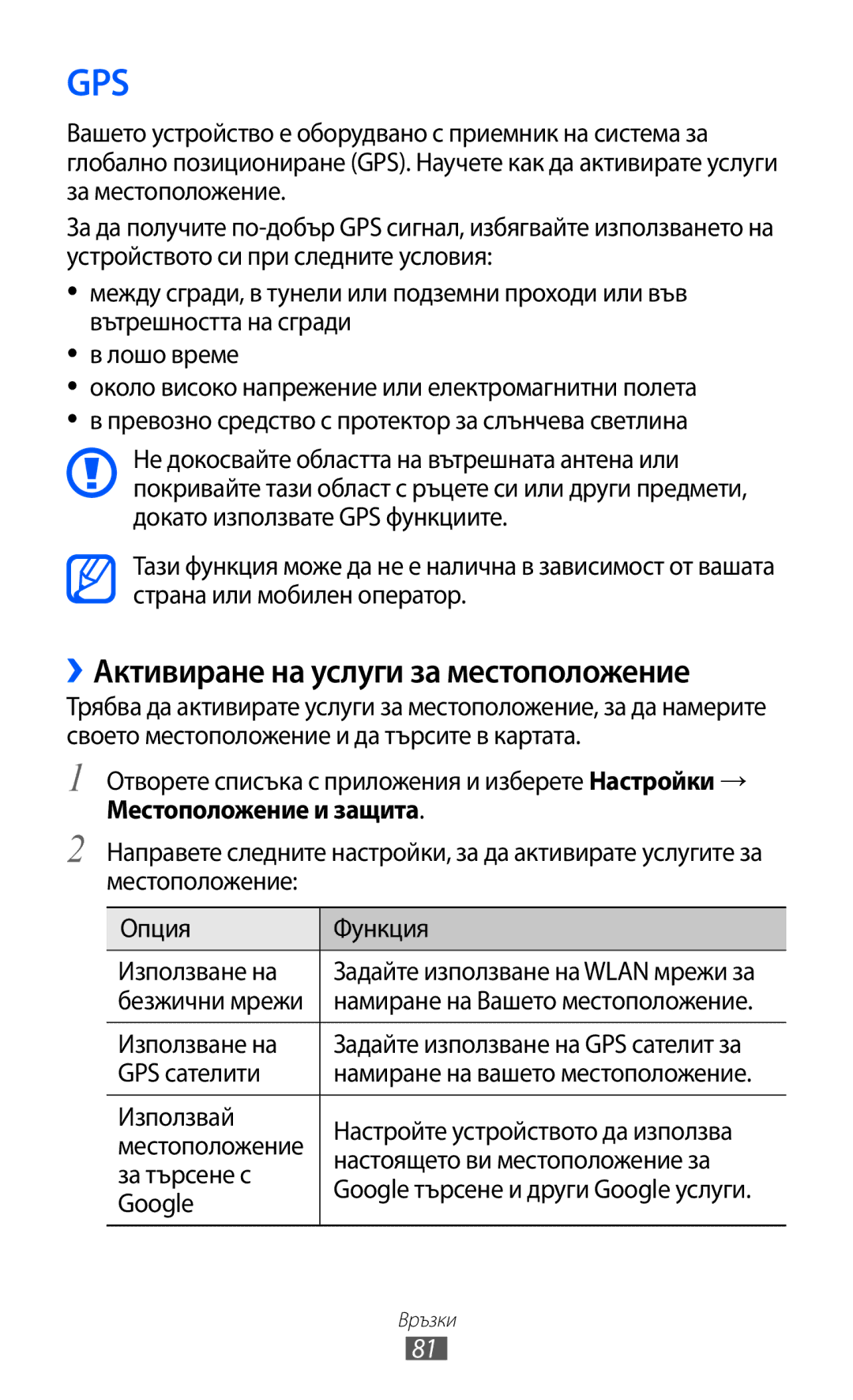 Samsung GT-P7310UWABGL ››Активиране на услуги за местоположение, Местоположение и защита, Безжични мрежи, GPS сателити 