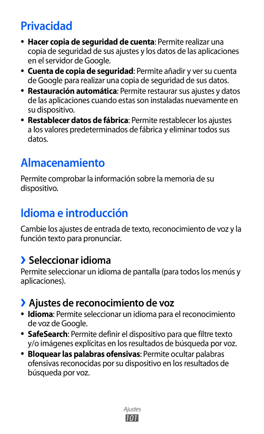 Samsung GT-P7310FKAFOP, GT-P7310UWAFOP manual Privacidad, Almacenamiento, Idioma e introducción, ››Seleccionar idioma 