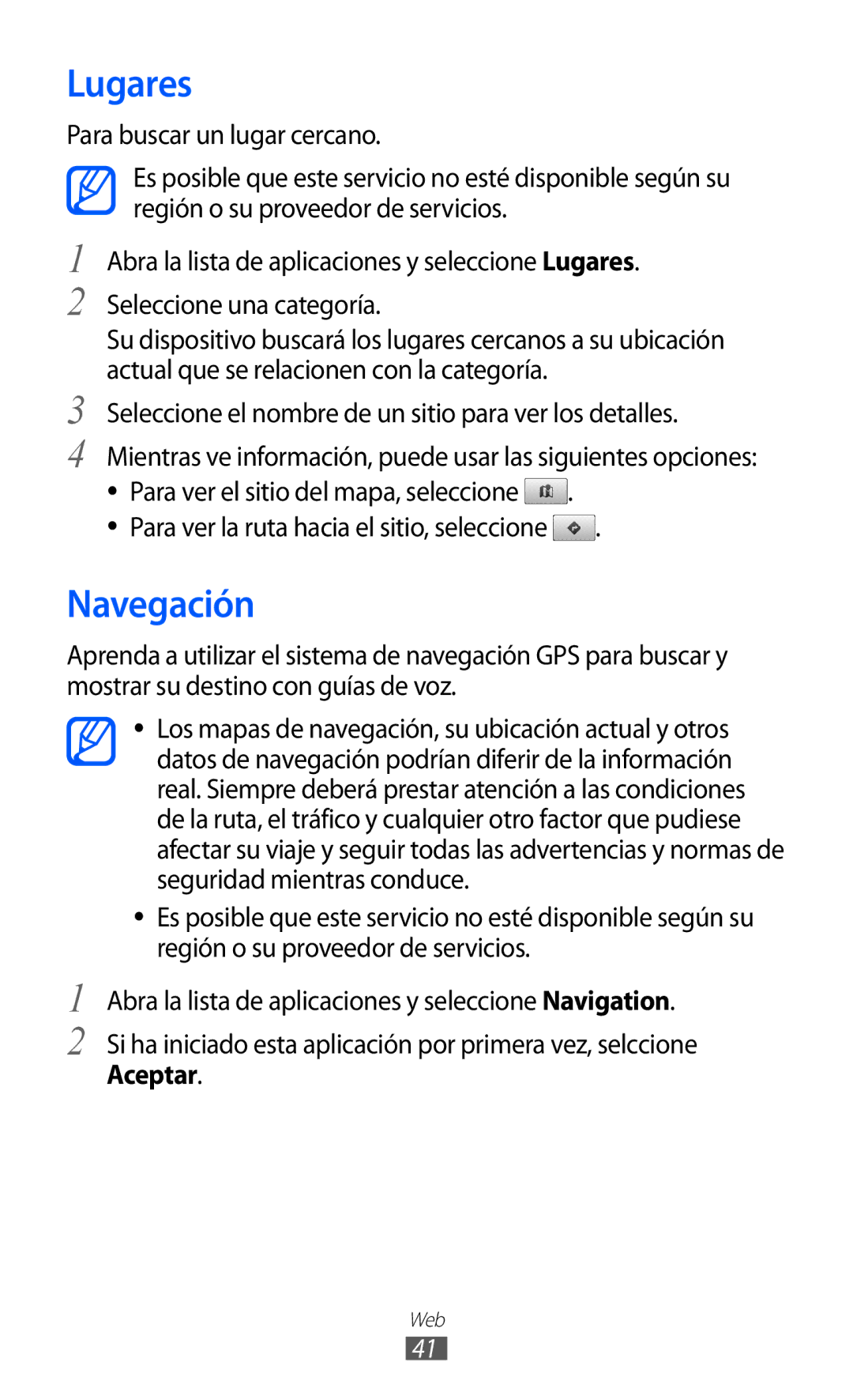 Samsung GT-P7310FKAFOP, GT-P7310UWAFOP manual Lugares, Navegación, Seleccione el nombre de un sitio para ver los detalles 