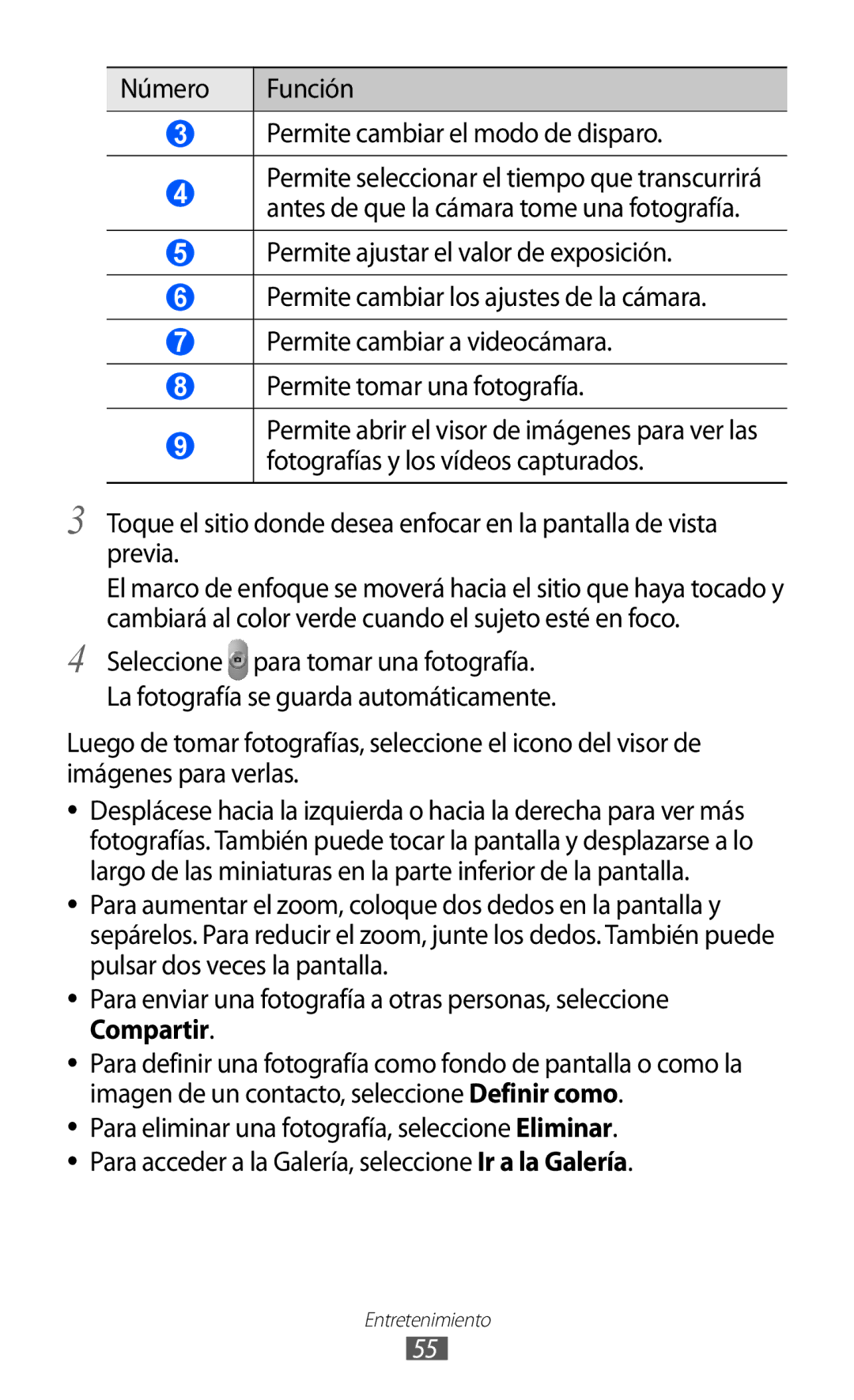 Samsung GT-P7310FKAFOP, GT-P7310UWAFOP manual Número Función Permite cambiar el modo de disparo 