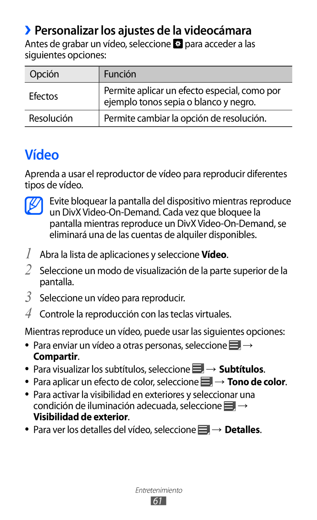 Samsung GT-P7310FKAFOP, GT-P7310UWAFOP manual Vídeo, ››Personalizar los ajustes de la videocámara 