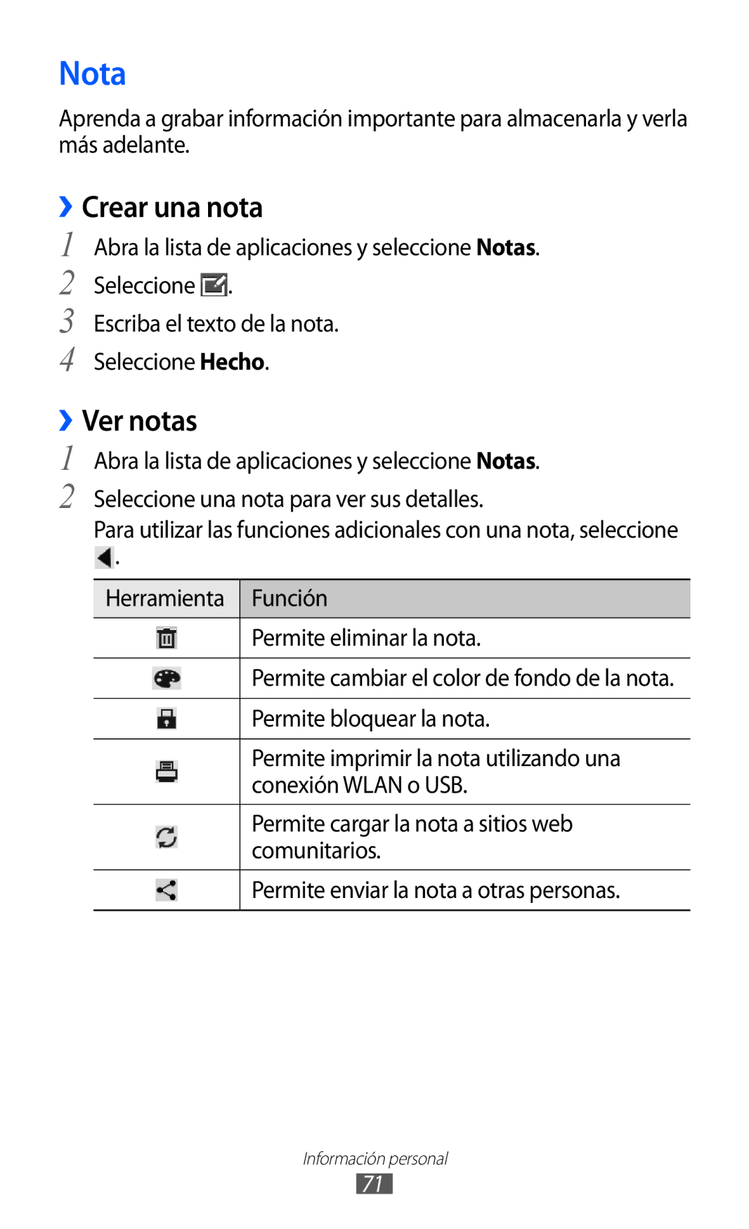 Samsung GT-P7310FKAFOP, GT-P7310UWAFOP manual Nota, ››Crear una nota, ››Ver notas 