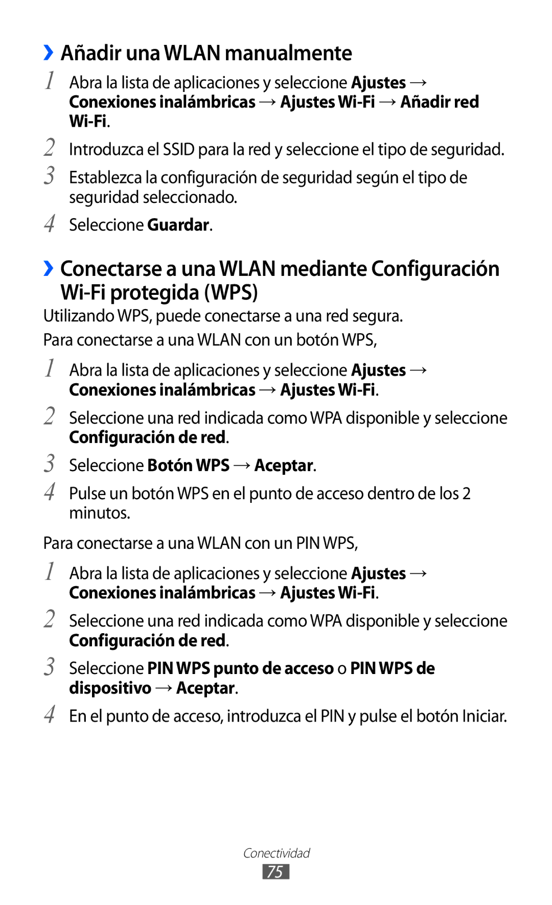 Samsung GT-P7310FKAFOP, GT-P7310UWAFOP ››Añadir una Wlan manualmente, Wi-Fi protegida WPS 