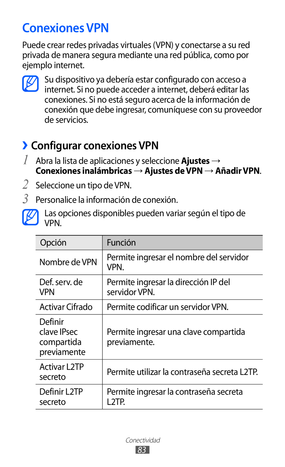 Samsung GT-P7310FKAFOP, GT-P7310UWAFOP manual Conexiones VPN, ››Configurar conexiones VPN 