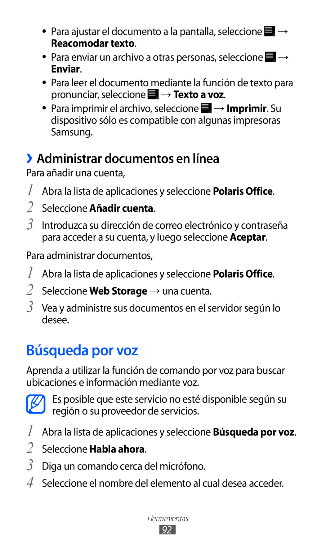 Samsung GT-P7310UWAFOP, GT-P7310FKAFOP manual Búsqueda por voz, ››Administrar documentos en línea, Seleccione Añadir cuenta 