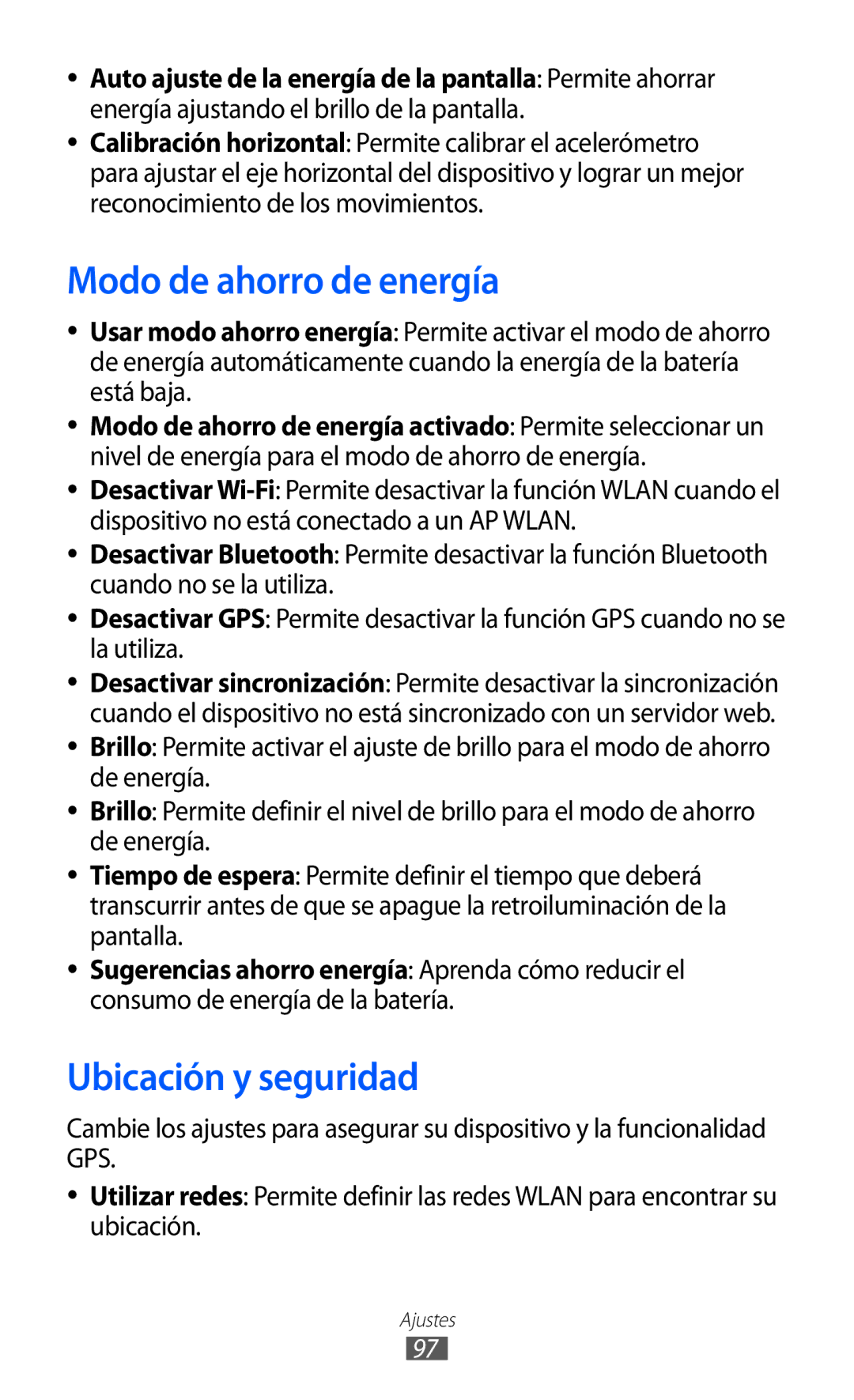 Samsung GT-P7310FKAFOP, GT-P7310UWAFOP Modo de ahorro de energía, Ubicación y seguridad, Consumo de energía de la batería 