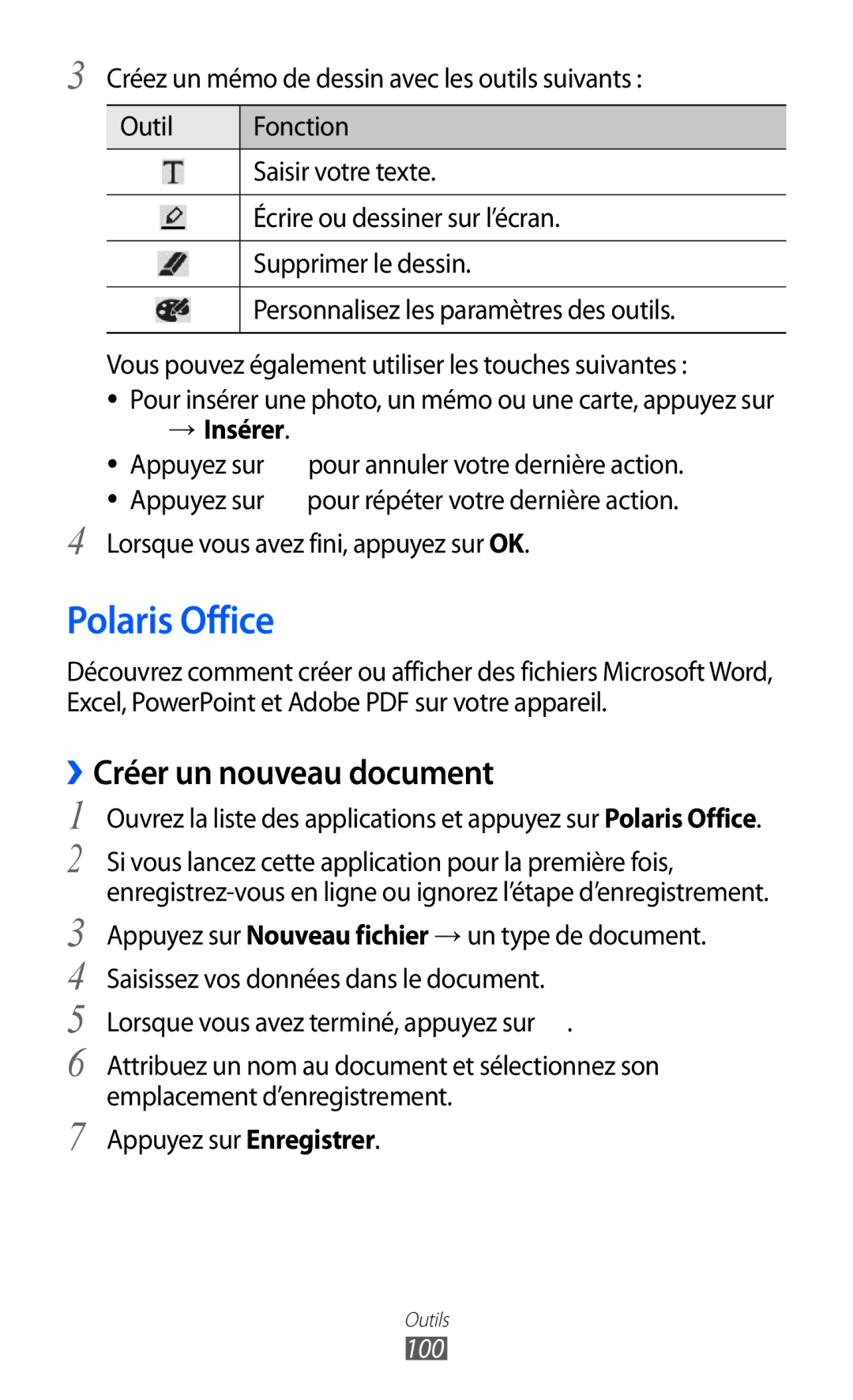 Samsung GT-P7320UWAFTM, GT-P7320UWACOV, GT-P7320FKAFTM manual Polaris Office, Créer un nouveau document, → Insérer, 100 
