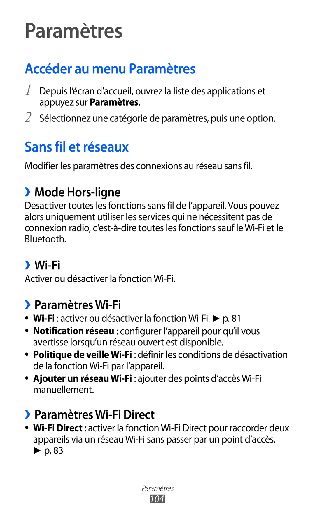 Samsung GT-P7320FKAFTM, GT-P7320UWACOV, GT-P7320UWAFTM manual Accéder au menu Paramètres, Sans fil et réseaux 