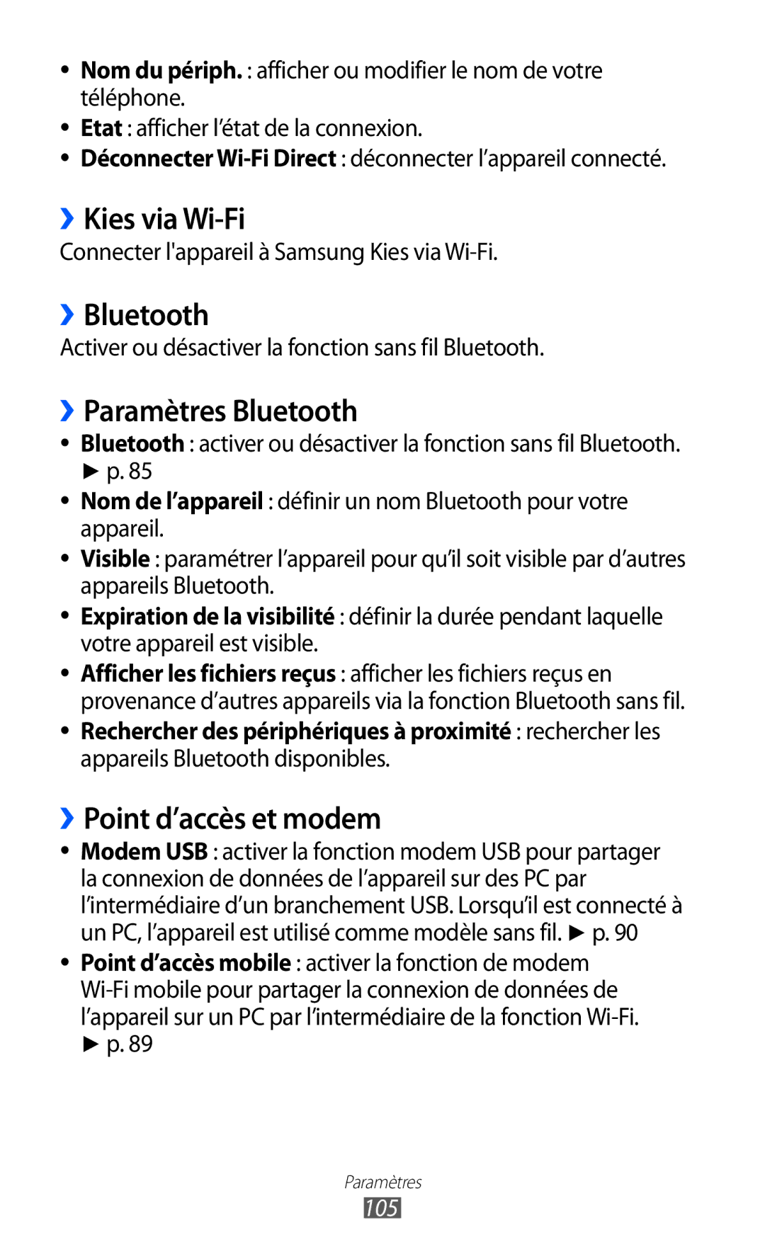 Samsung GT-P7320UWACOV, GT-P7320UWAFTM ››Kies via Wi-Fi, ››Bluetooth, ››Paramètres Bluetooth, ››Point d’accès et modem 