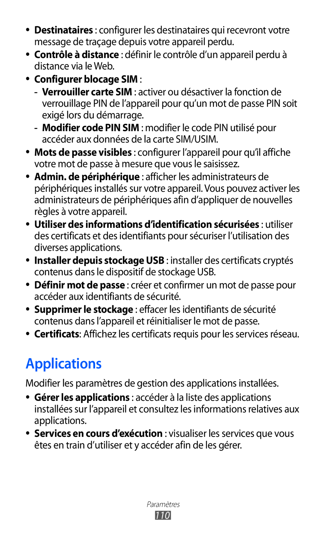 Samsung GT-P7320FKAFTM, GT-P7320UWACOV, GT-P7320UWAFTM manual Applications, Configurer blocage SIM, 110 