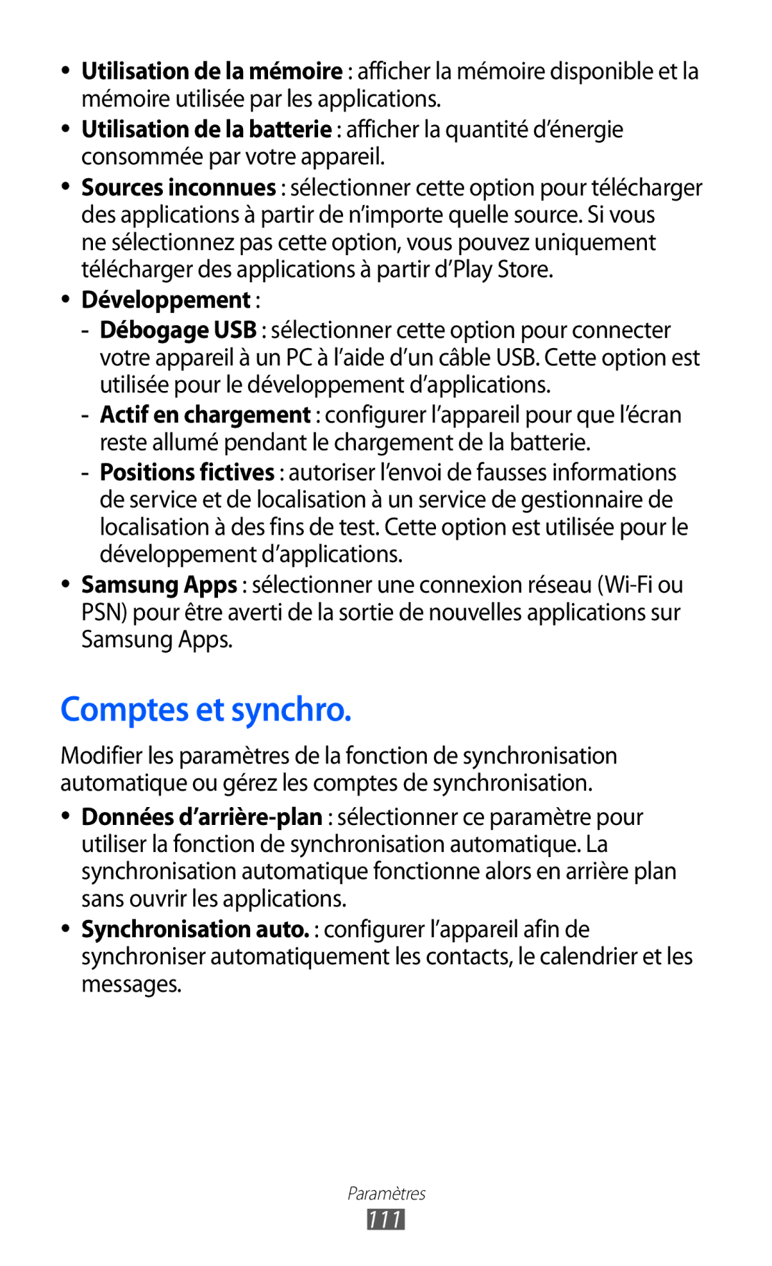 Samsung GT-P7320UWACOV, GT-P7320UWAFTM, GT-P7320FKAFTM manual Comptes et synchro, Développement, 111 