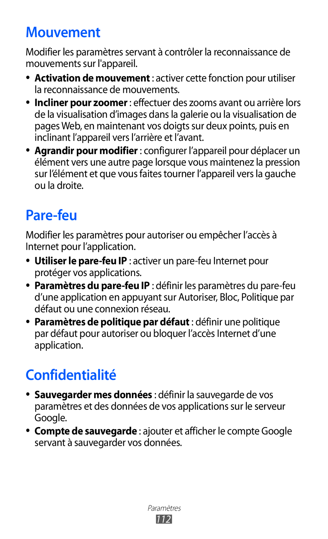 Samsung GT-P7320UWAFTM, GT-P7320UWACOV, GT-P7320FKAFTM manual Mouvement, Pare-feu, Confidentialité, 112 