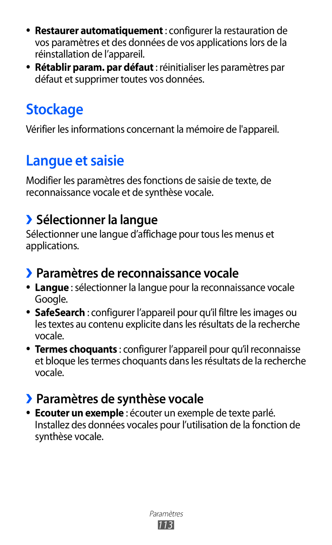 Samsung GT-P7320FKAFTM manual Stockage, Langue et saisie, ››Sélectionner la langue, ››Paramètres de reconnaissance vocale 