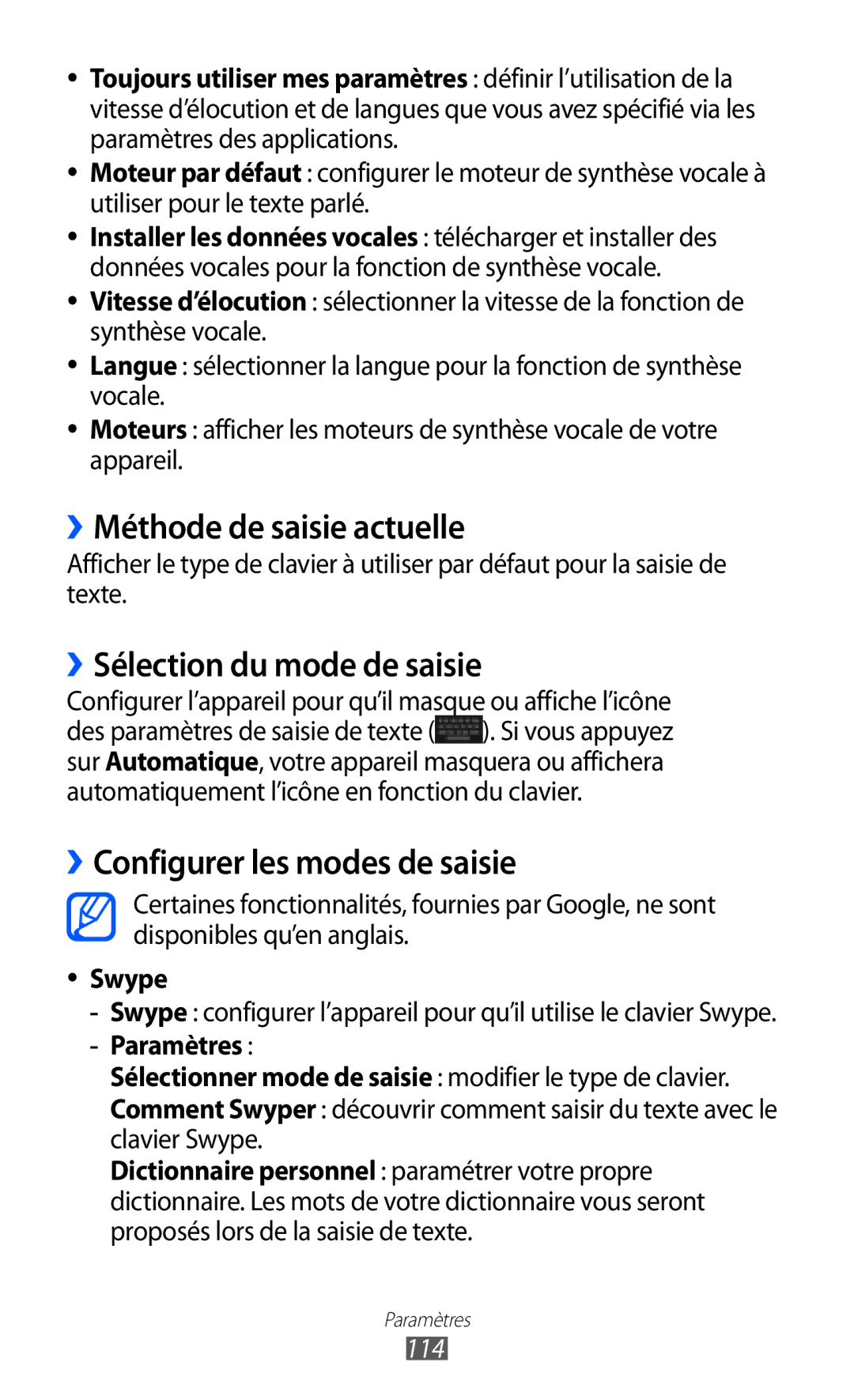 Samsung GT-P7320UWACOV ››Méthode de saisie actuelle, ››Sélection du mode de saisie, ››Configurer les modes de saisie, 114 