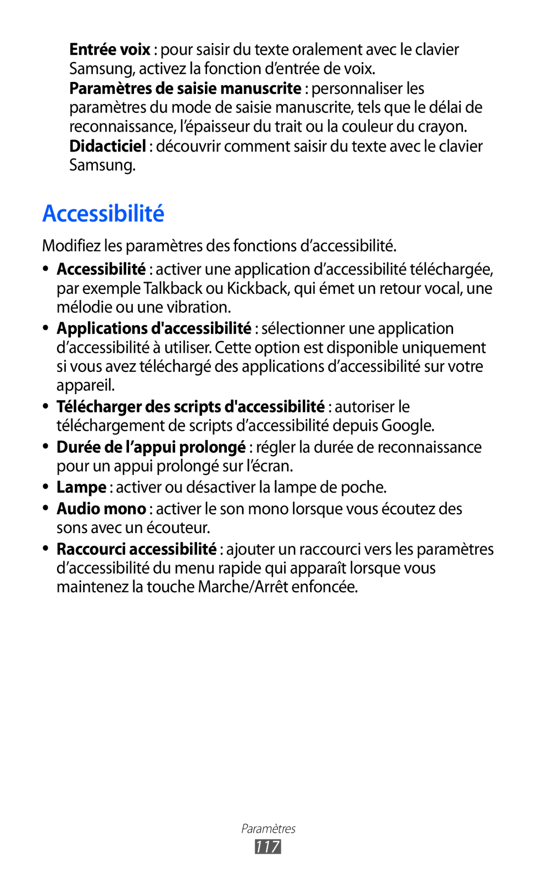Samsung GT-P7320UWACOV, GT-P7320UWAFTM, GT-P7320FKAFTM manual Accessibilité, 117 